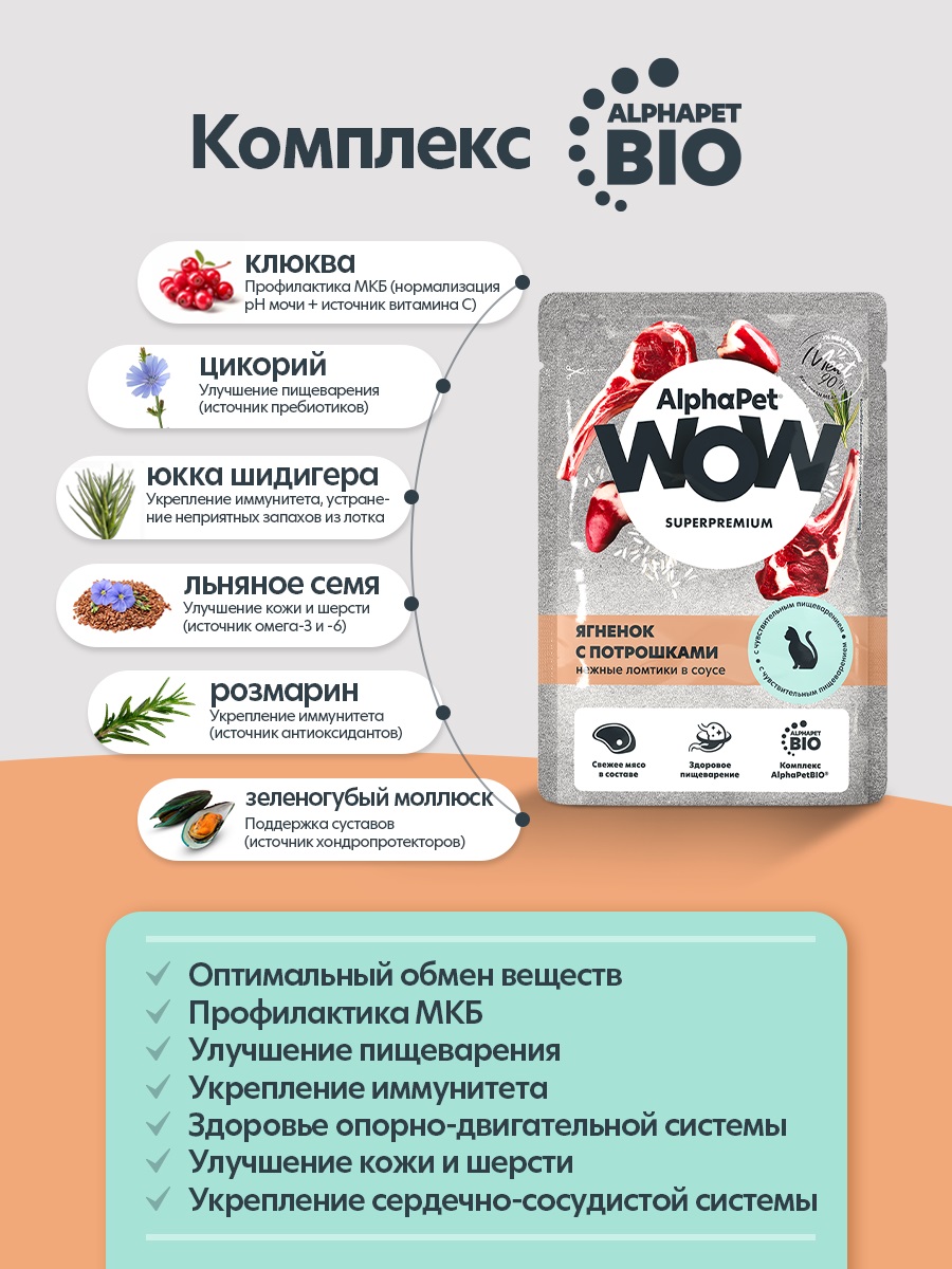 Корм для кошек AlphaPet WOW Superpremium ягненок с потрошками пауч в соусе 85г - фото 5