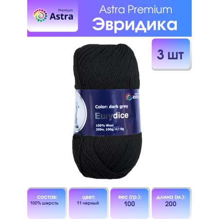 Пряжа Astra Premium Эвридика шерстяная 100 г 200 м 11 черный 3 мотка