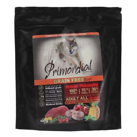Корм для собак Primordial беззерновой буйвол-скумбрия 400г