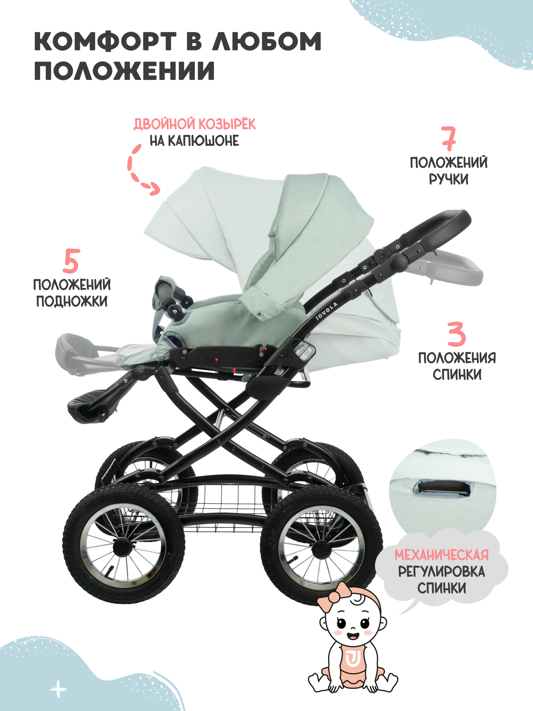 Коляска 2в1 JOVOLA Tessa Classic Tc 01 шалфей - фото 6