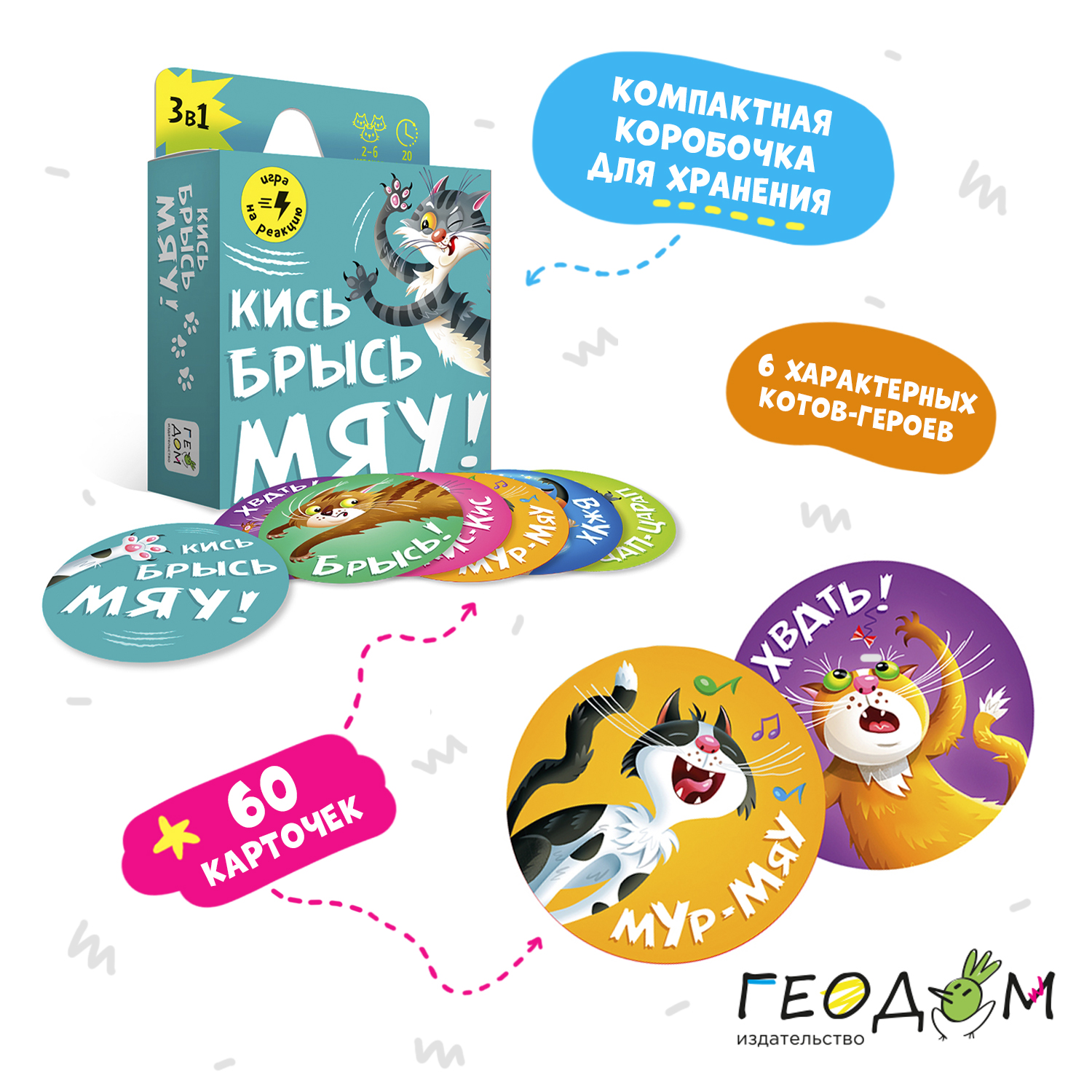 Игра карточная ГЕОДОМ Кись брысь мяу 60 карточек - фото 3