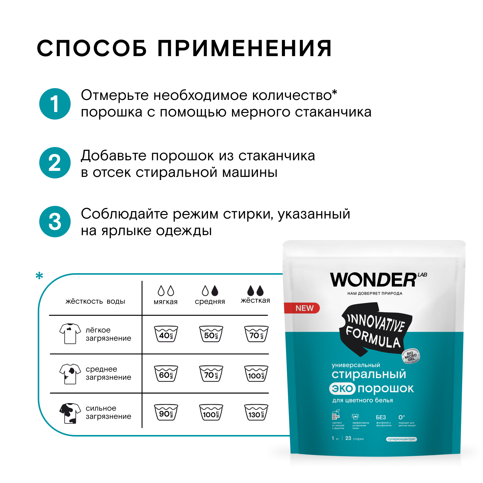 Порошок стиральный для цветного белья Wоnder Lab Эко универсальный 1кг - фото 8