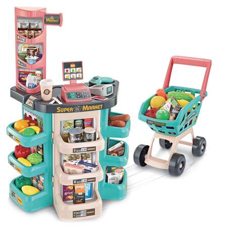 Игровой набор Jiacheng прилавок, касса, тележки и корзинки, продукты