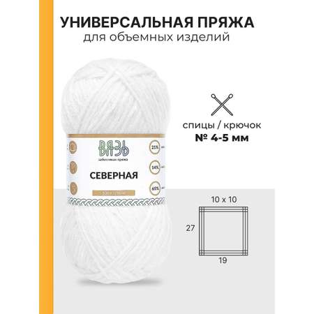 Пряжа ВЯЗЬ для вязания Северная универсальная 100 гр 210 м 3 мотка 01 белый