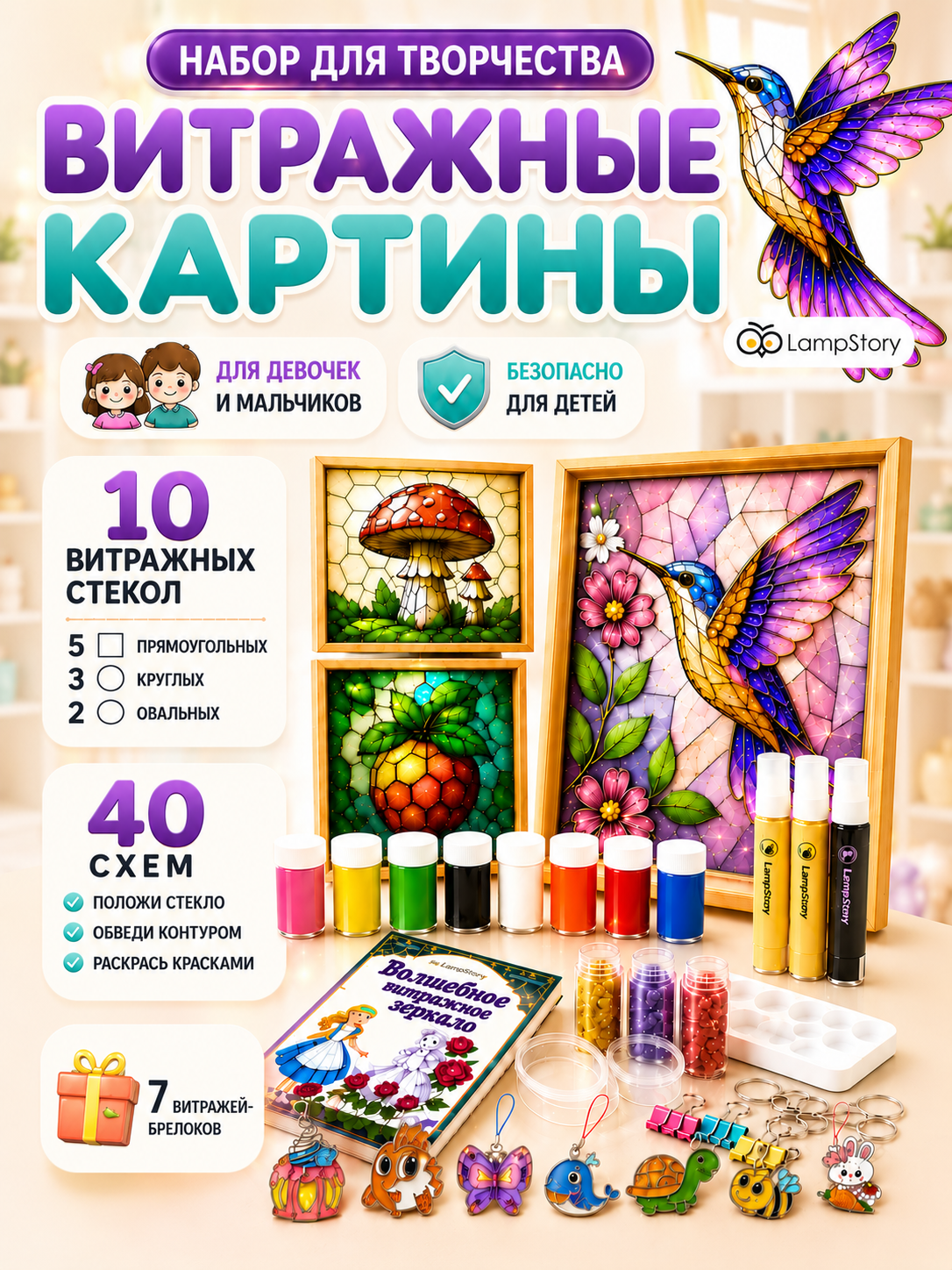 Набор для творчества LampStory аппликация Витражи с красками и книгой - фото 1