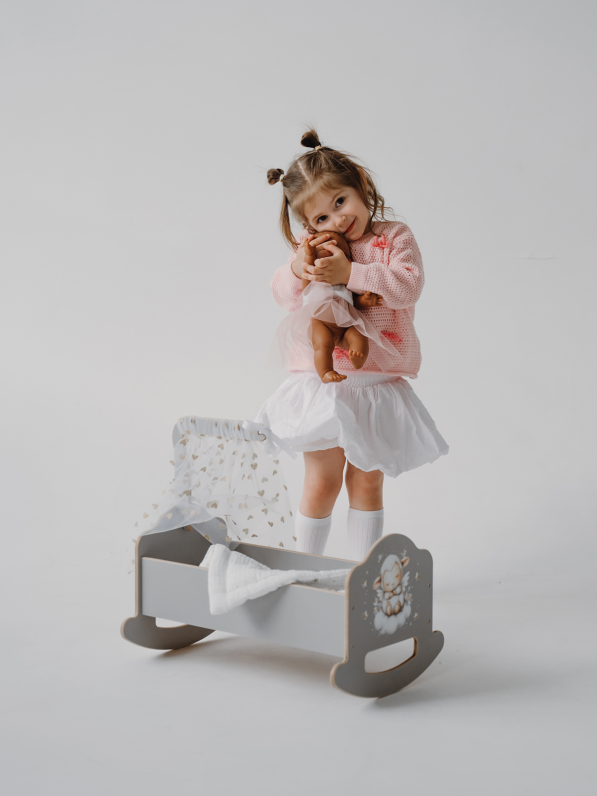 Аксессуар для кукол Pema kids кровать, люлька, бутылочка 475720 Кроватка 45 см с балдахином (Серый/Принт) - фото 14