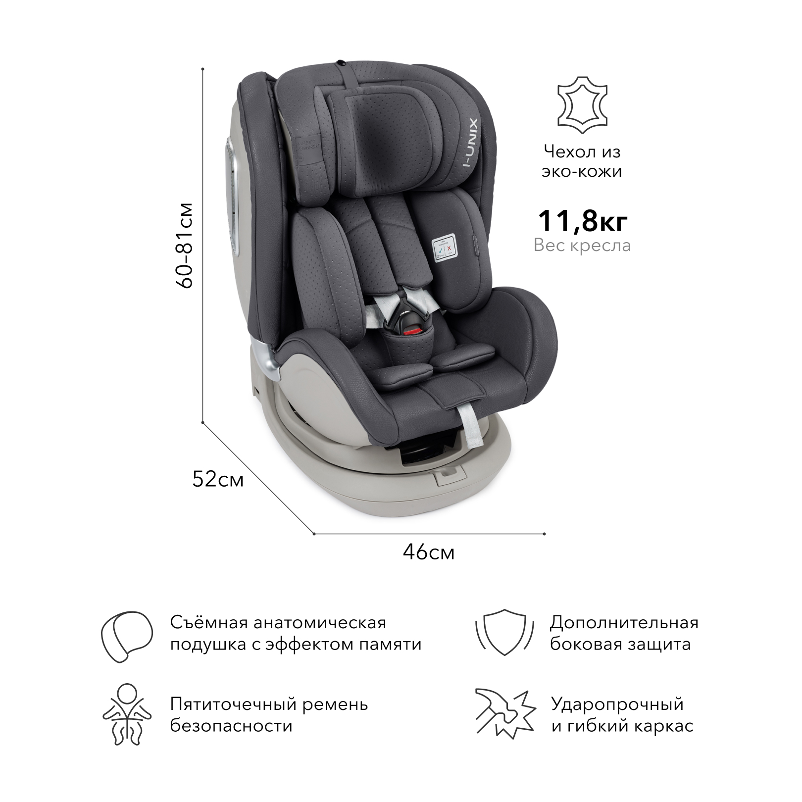 Автокресло Happy Baby I-Unix Isofix 0+/1/2/3 (0-36 кг) серый - фото 5