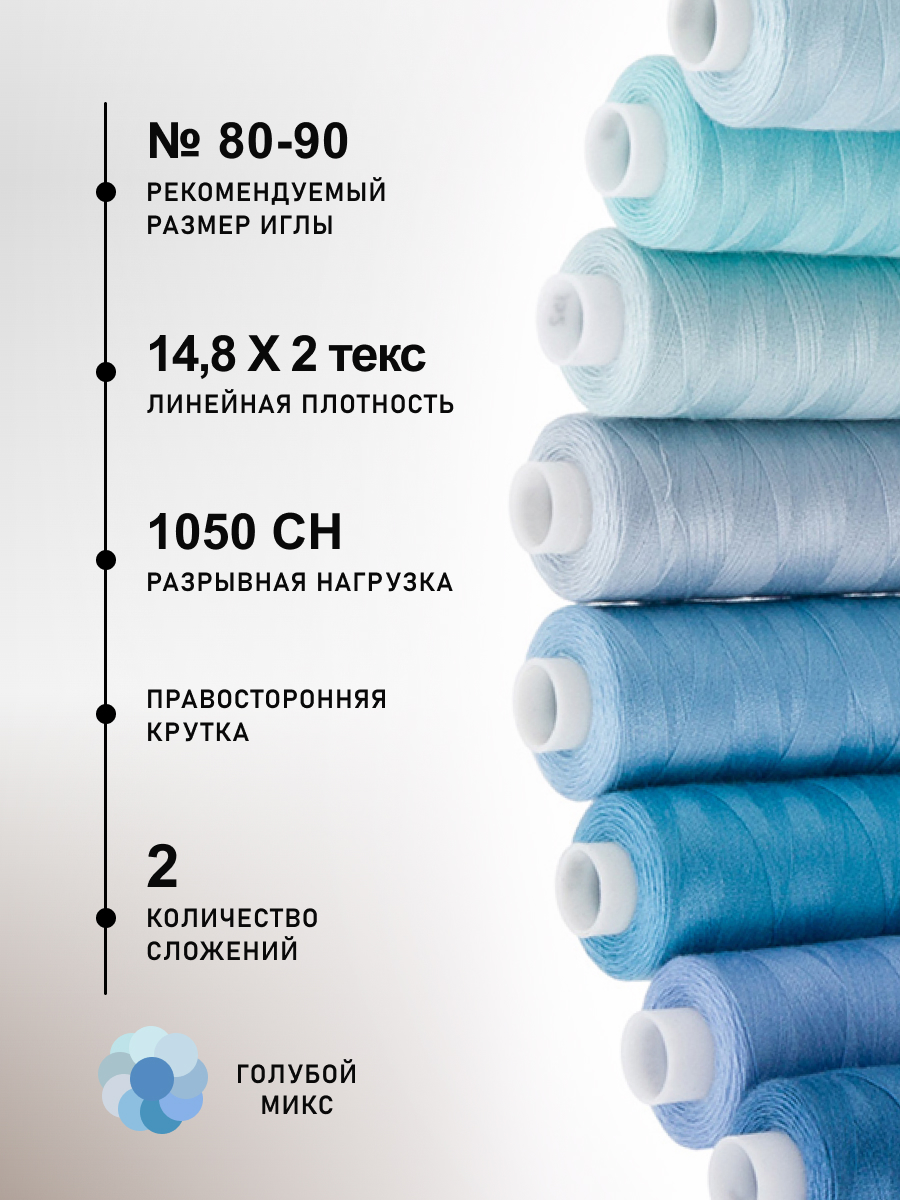 Нитки для шитья 40/2 Голубой микс Bestex 365м 10шт - фото 2