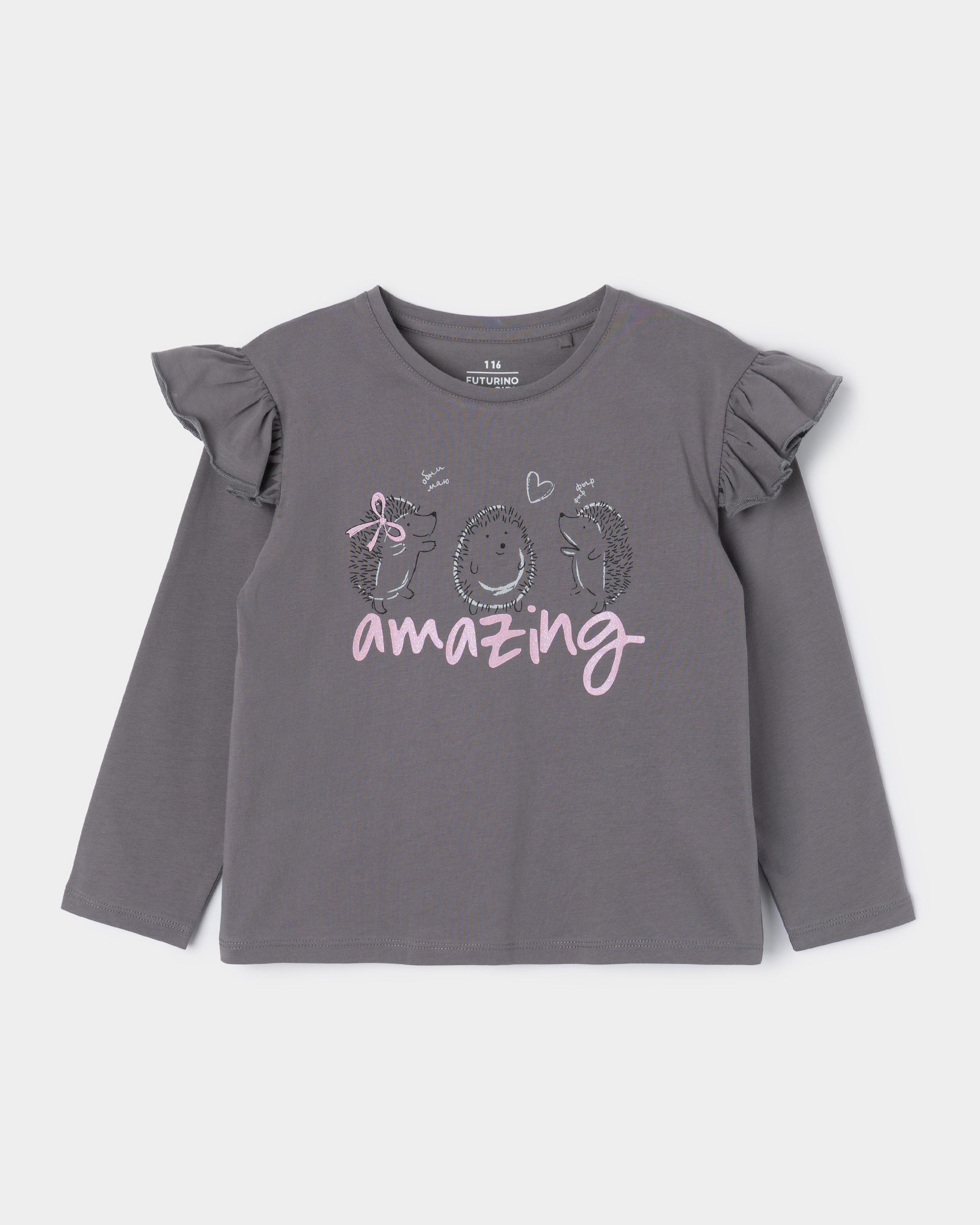 Изображение товара Тёмно-серый детский лонгслив Futurino с оборками и блёстками 98 размер