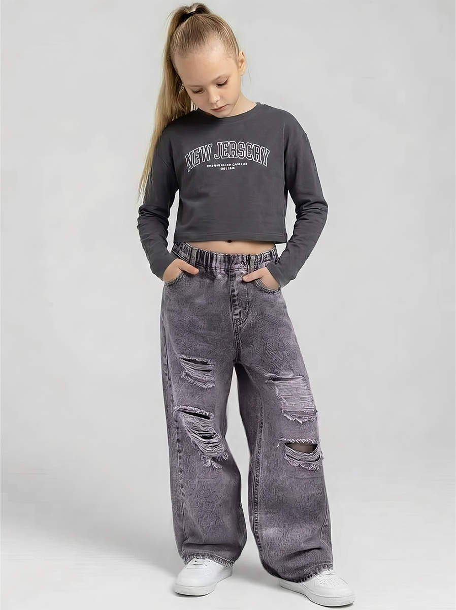 Джинсы iUkoworld Джинсы подростковые рваные широкие на резинке - фото 1