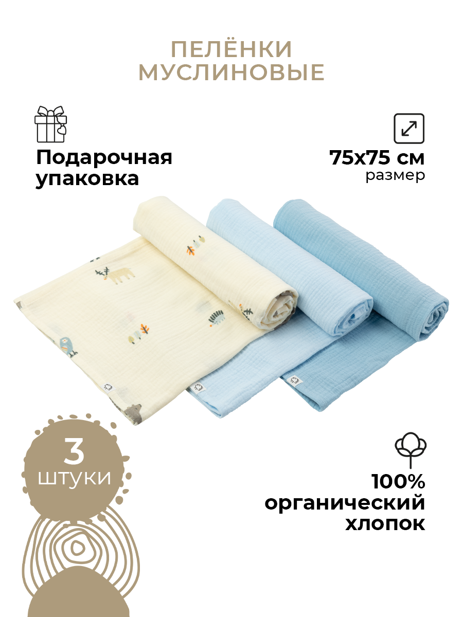 Пеленки муслиновые 3 шт BUBA KIDS Таежная ночь нежно-голубой-синяя пастель 75х75 см - фото 1