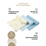 Пеленки муслиновые 3 шт BUBA KIDS Таежная ночь нежно-голубой-синяя пастель 75х75 см
