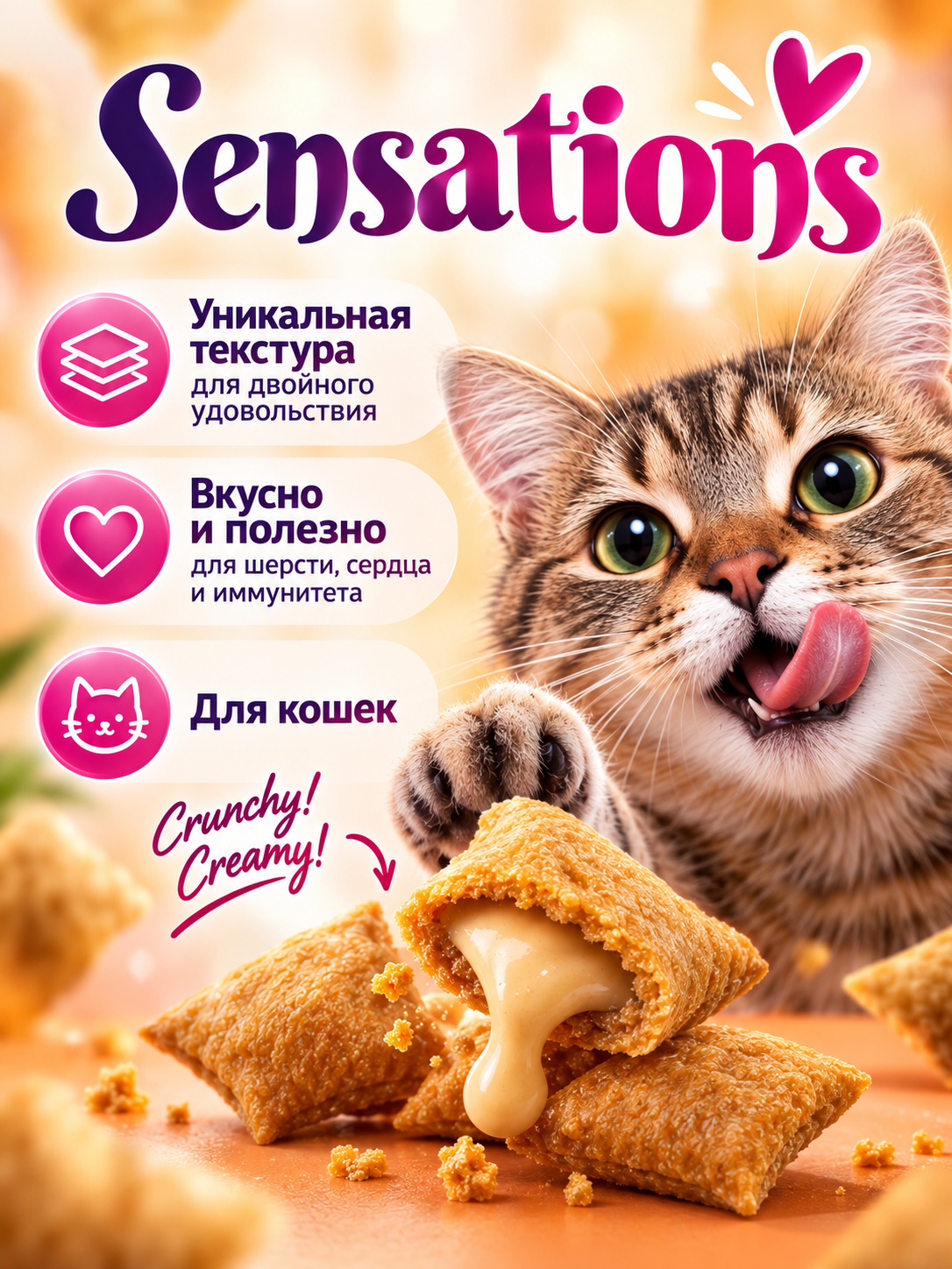 Лакомство сухое для кошек PINK Sensation Хрустящие подушечки с курицей 100г 2 шт. - фото 2