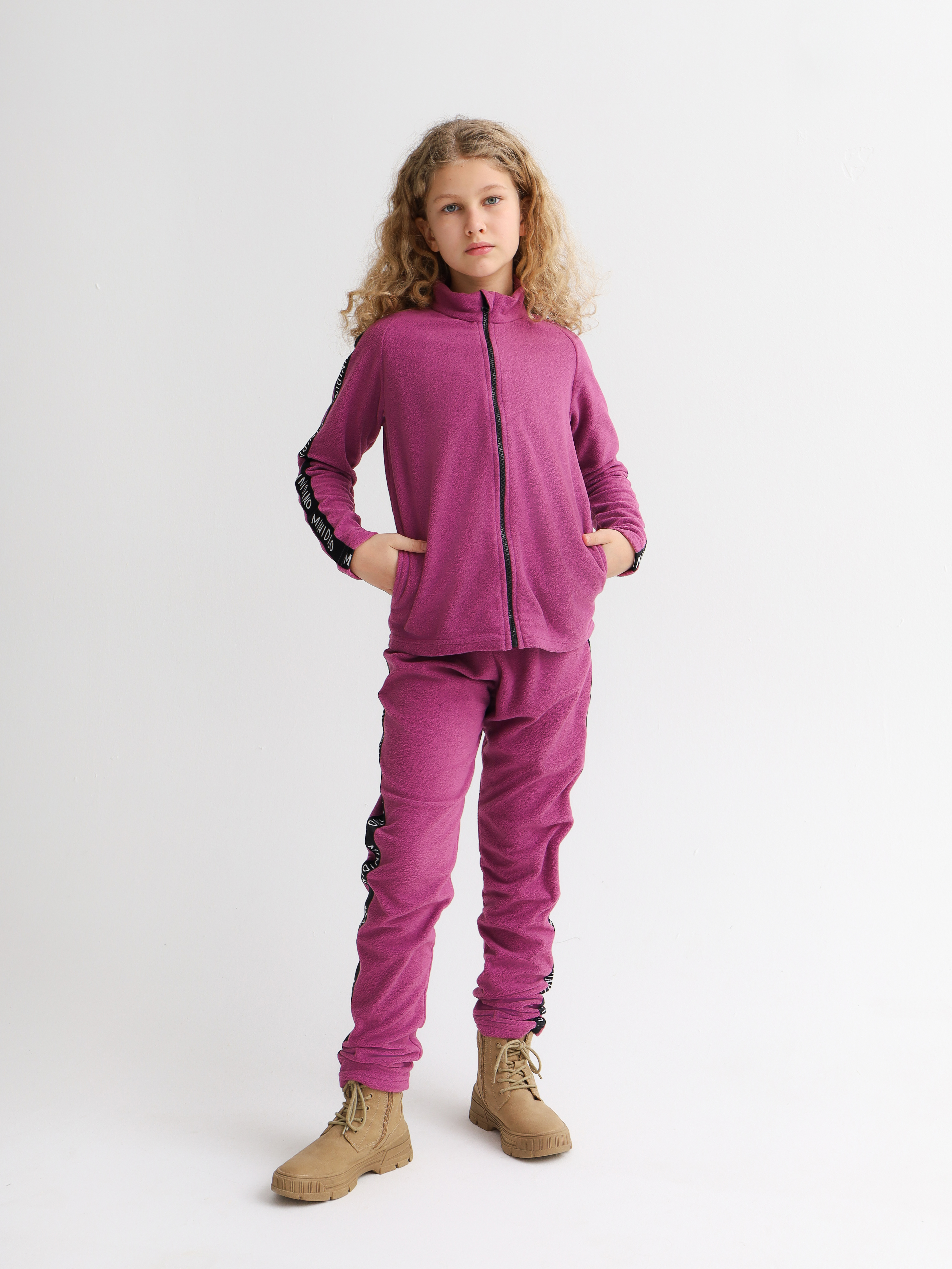 Толстовка и брюки MINIDINO Т-КМПЛ-002/ДКомплект флисовый детский Лампасы ежевика - фото 2