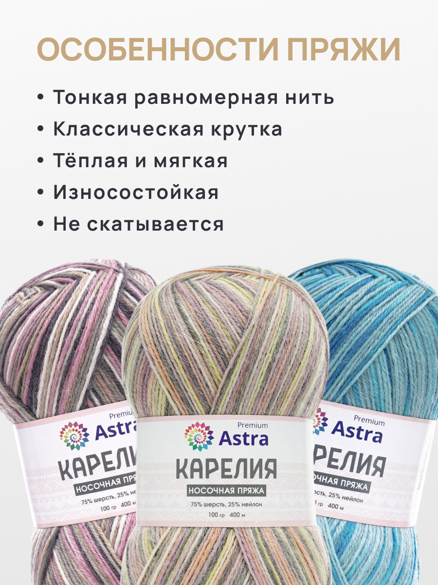 Пряжа для вязания Astra Premium карелия носочная шерсть нейлон 100 гр 400 м цвет 1003 2 мотка - фото 3