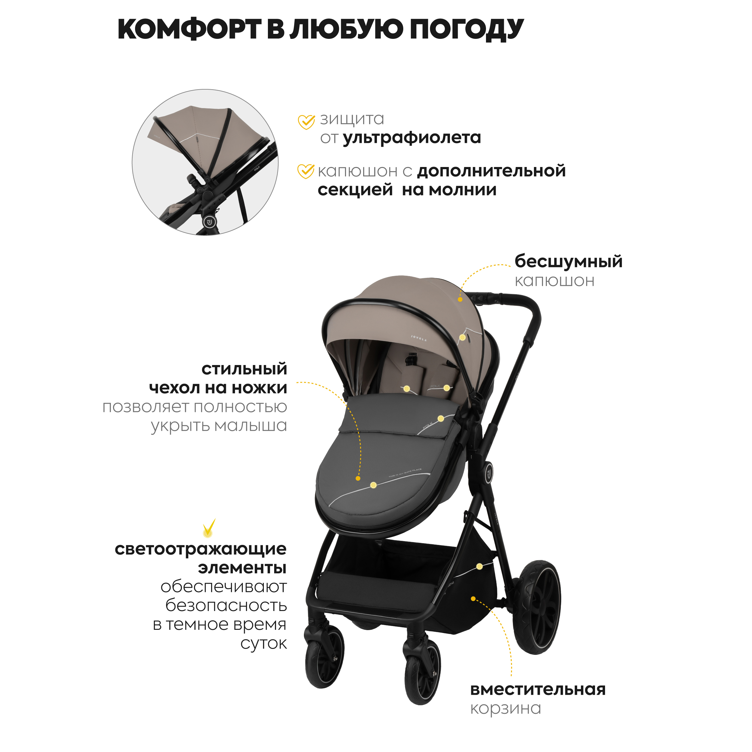 Коляска трансформер JOVOLA Folk 2в1 бежевый - фото 6