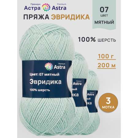 Пряжа Astra Premium Эвридика шерстяная 100 г 200 м 07 мятный 3 мотка