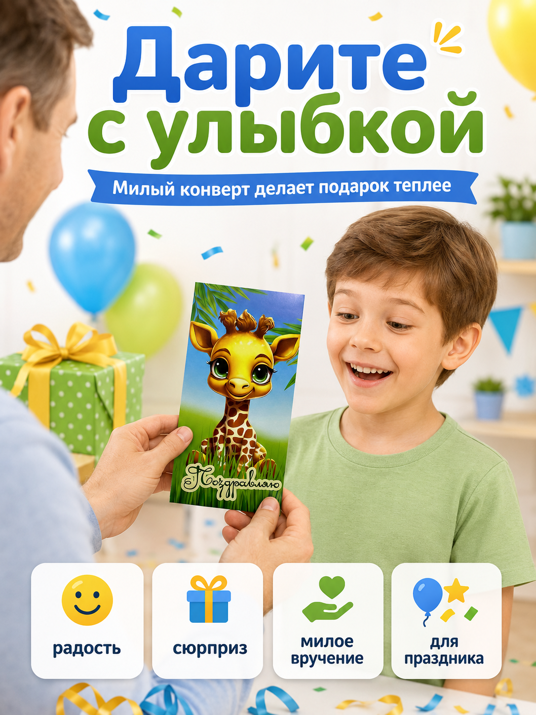 Конверты для денег детские Филькина Грамота Поздравляю с жирафом 10 шт - фото 1