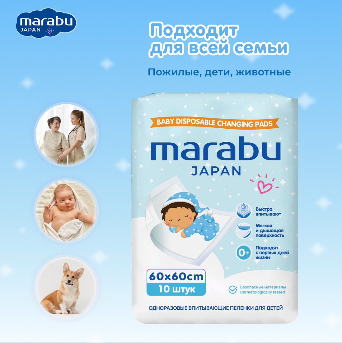 Пелёнки одноразовые MARABU 60х60 см 2 упак. 10 шт. - фото 4