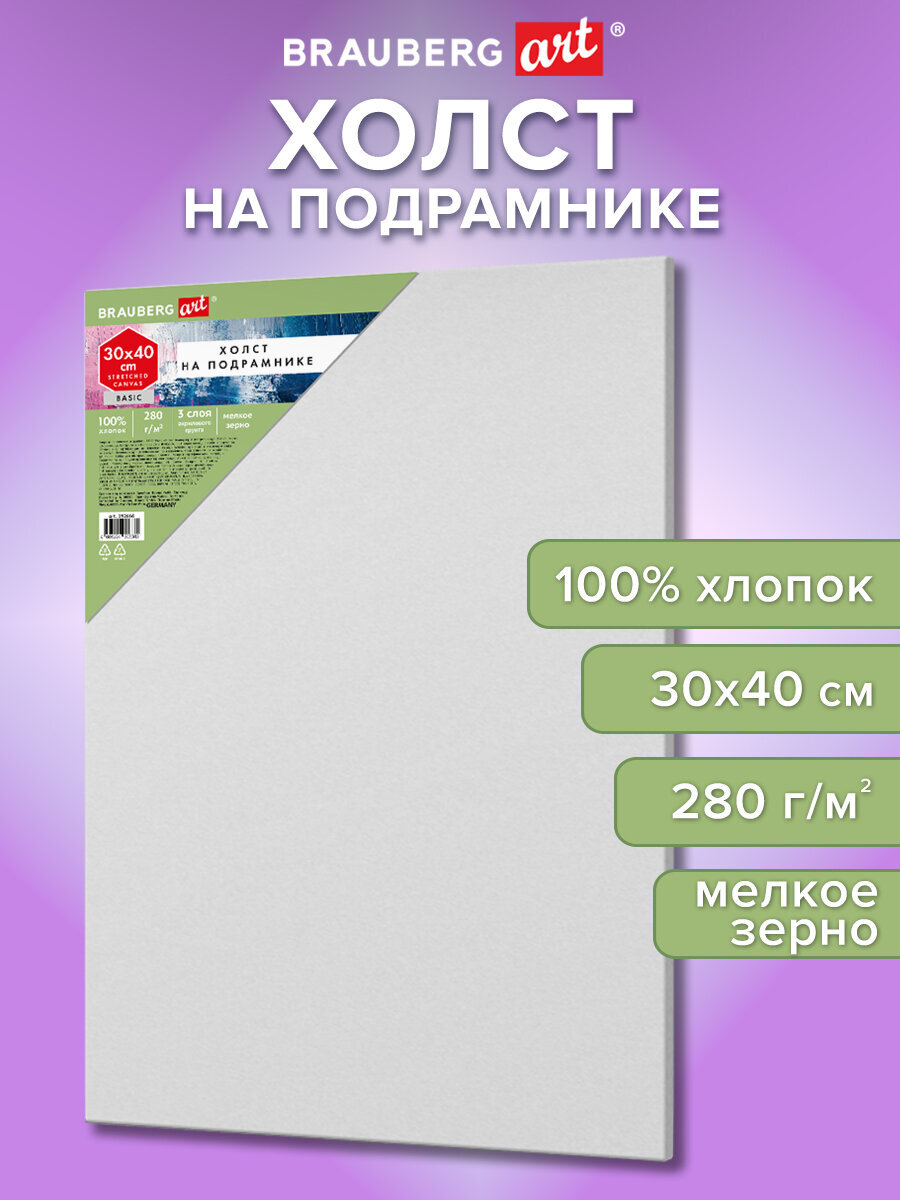 Холст для рисования Brauberg на подрамнике 30х40 см грунтованный 100% хлопок - фото 1