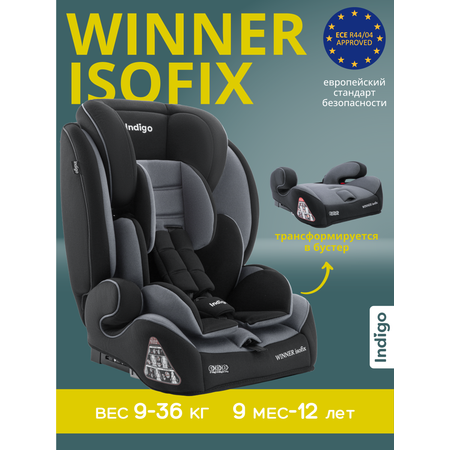 Автокресло Indigo Winner черный серый Isofix 1/2/3 (9-36 кг)