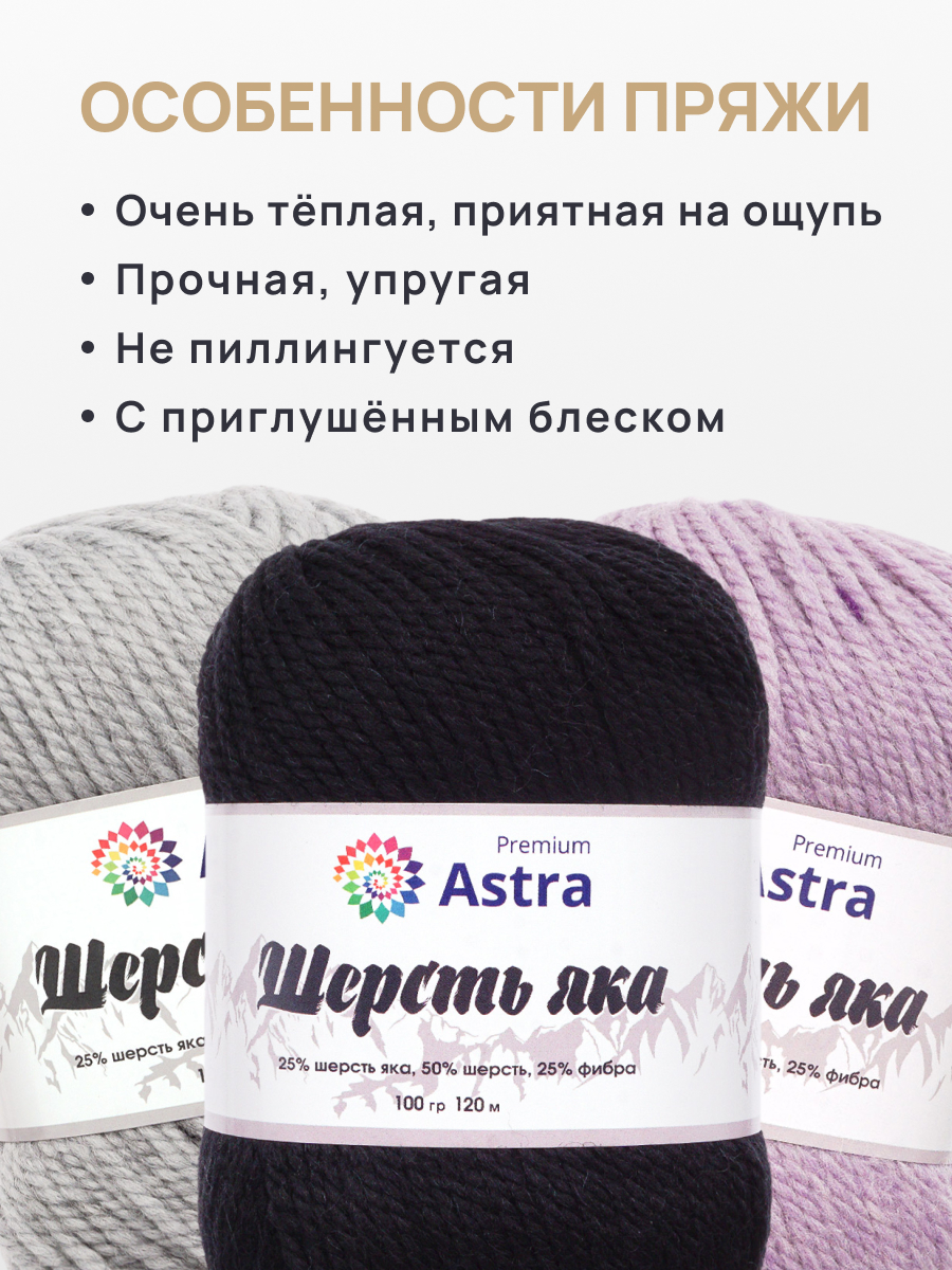 Пряжа Astra Premium Шерсть яка Yak wool теплая мягкая 100 г 120 м 12 черный 2 мотка - фото 3