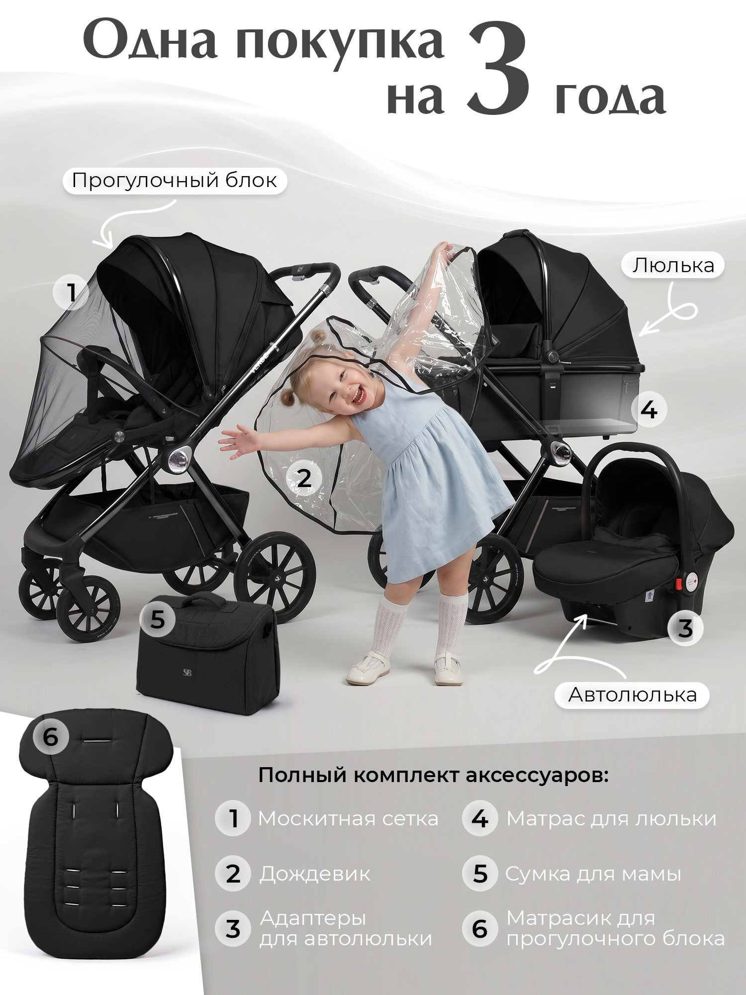 Коляска 3в1 Sweet Baby Verde Black (Black Glossy) черный - фото 2