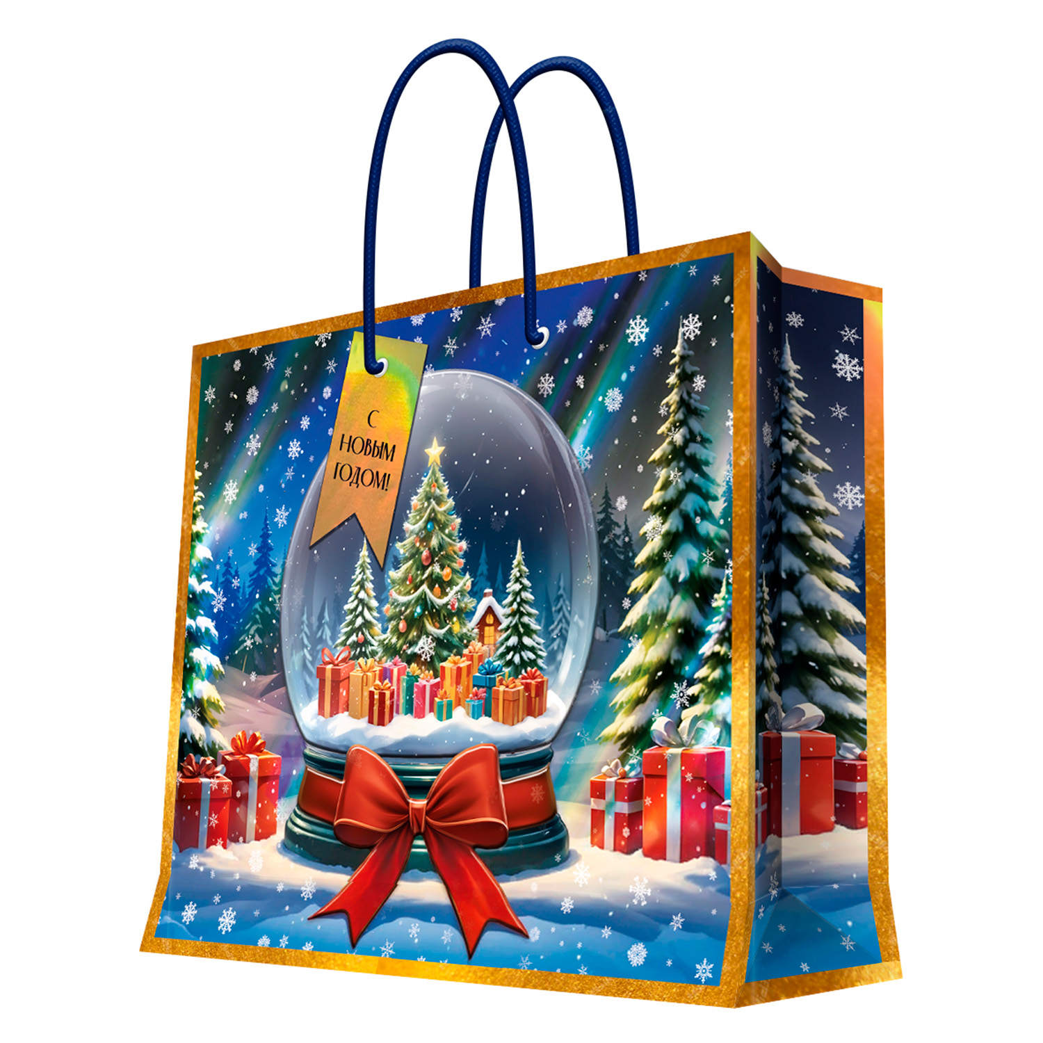 Пакет подарочный новогодний Феникс Презент Снежный шар с голографией 33*26*13см - фото 1