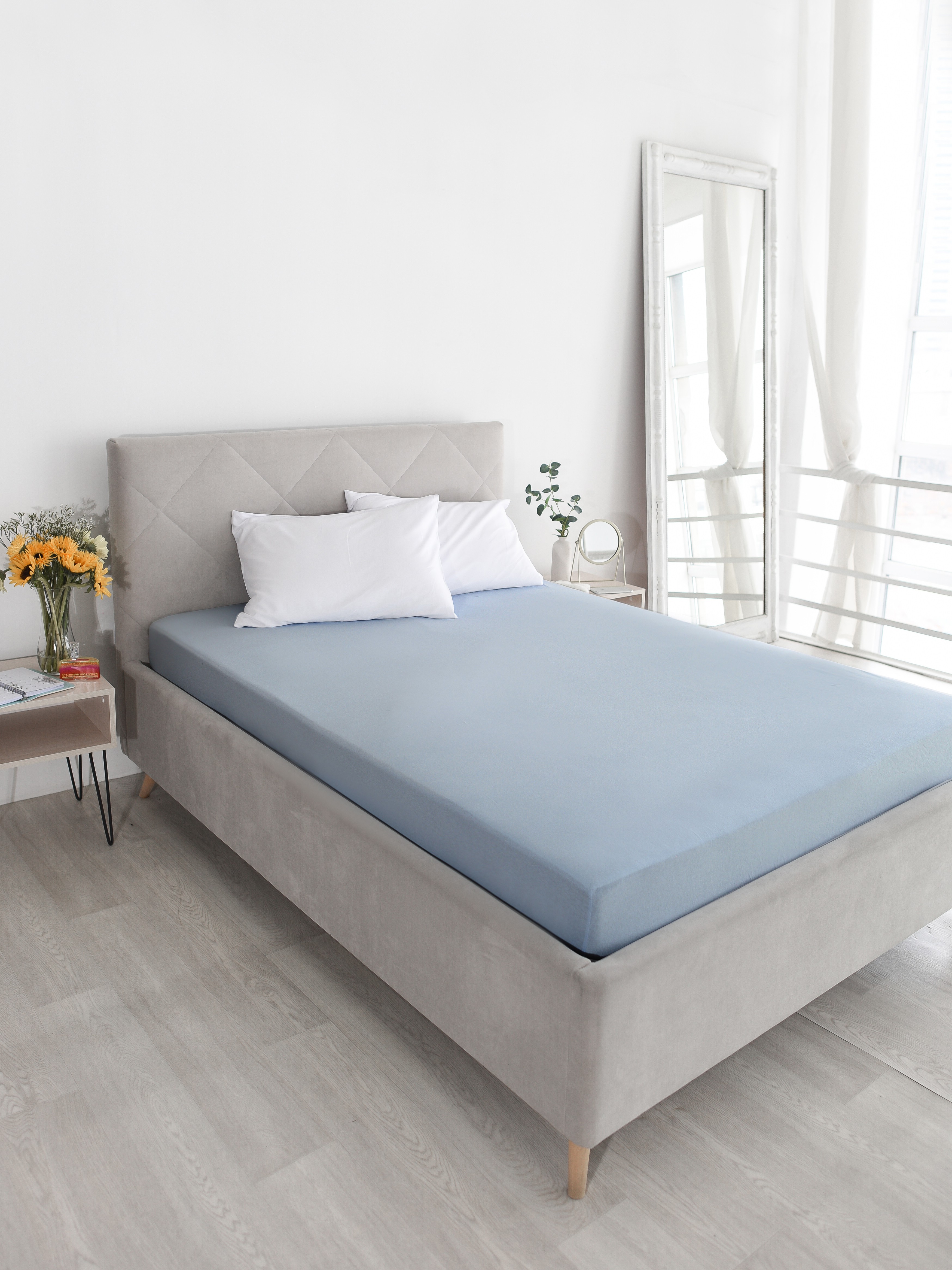 Простыня Селтекс серо-голубой 90 x 200 см на резинке - фото 5