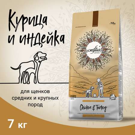 Корм для щенков, беременных и кормящих собак Craftia Natura 7кг средних и крупных пород из курицы и индейки сухой