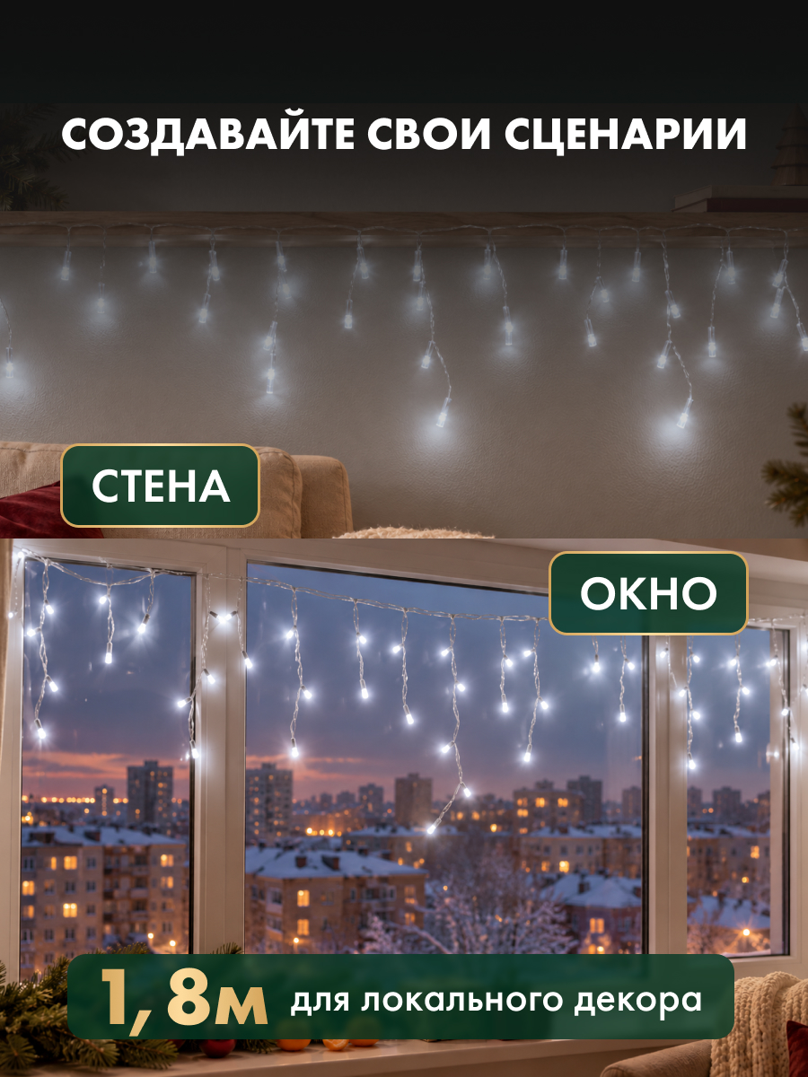 Светодиодная гирлянда NEON-NIGHT Бахрома 1.8х0.5 м 8 режимов белое свечение 255-015 - фото 8