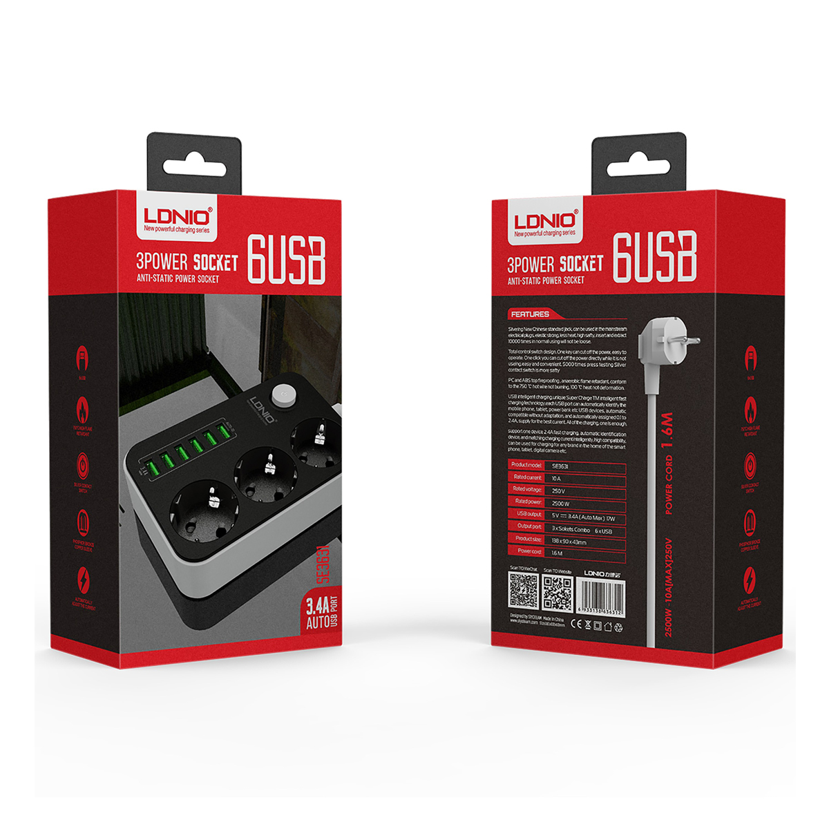 Сетевой удлинитель LDNIO SE3631 1.6м + ЗУ на 6×USB/ 3 розетки - 2500W / USB 17W / черный с серым - фото 4