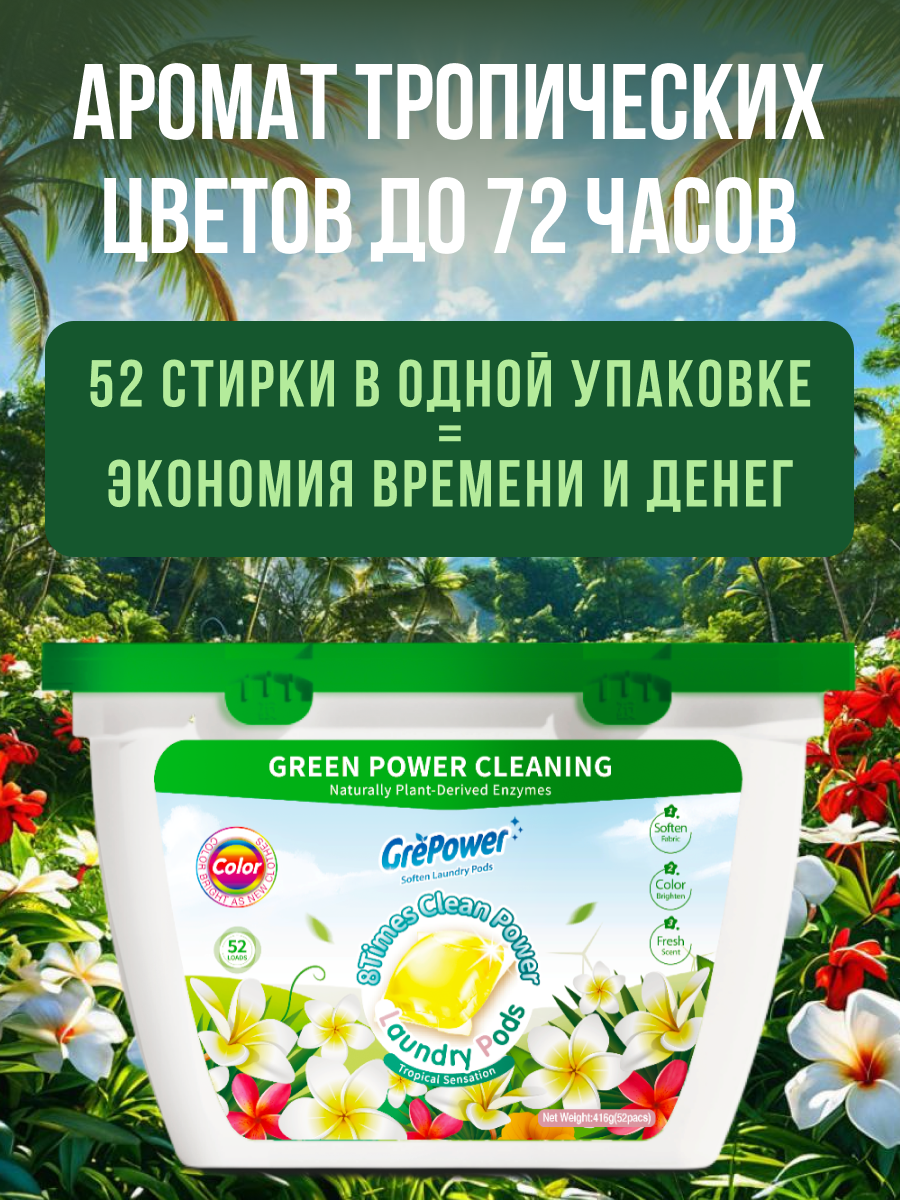 Капсулы для стирки GrePower Тропический цветок 52 шт. - фото 5