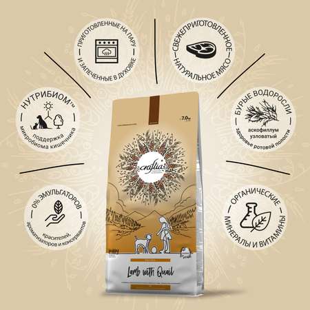 Корм для щенков, беременных и кормящих собак Craftia Natura 7кг средних и крупных пород из ягненка с перепелкой сухой