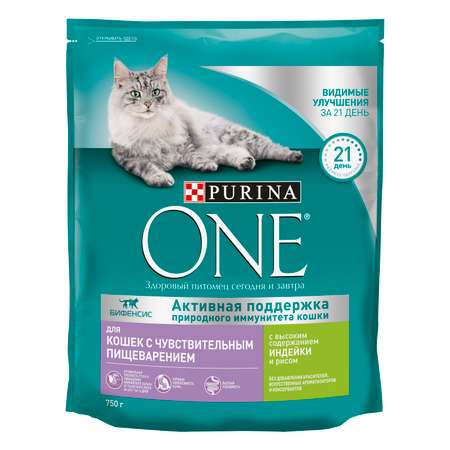 Корм для кошек Purina One при чувствительном пищеварении индейка-рис 750г