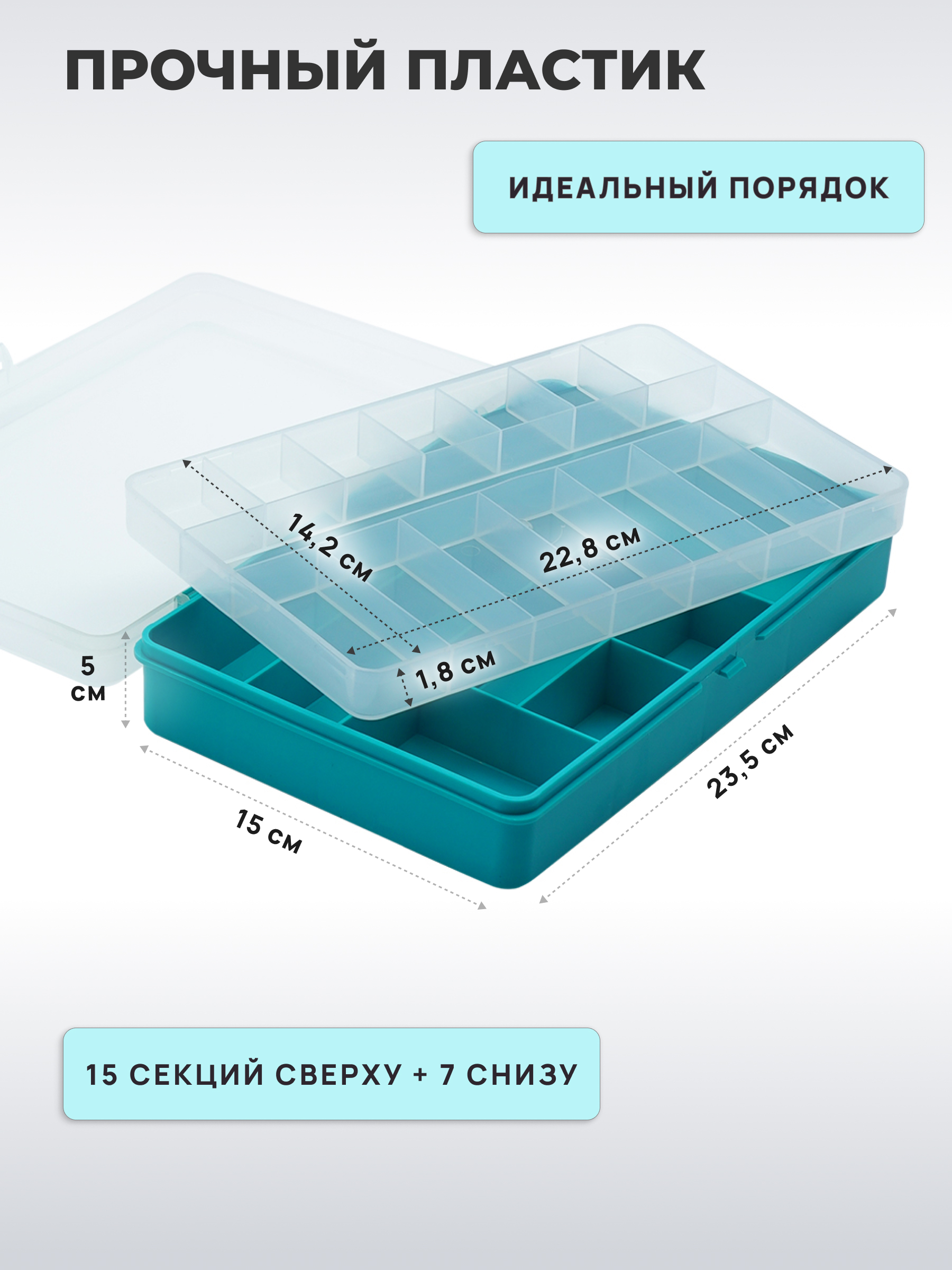 Контейнер-органайзер Айрис двухъярусный с крышкой 23.5 х 15 х 5 см бирюзовый - фото 2