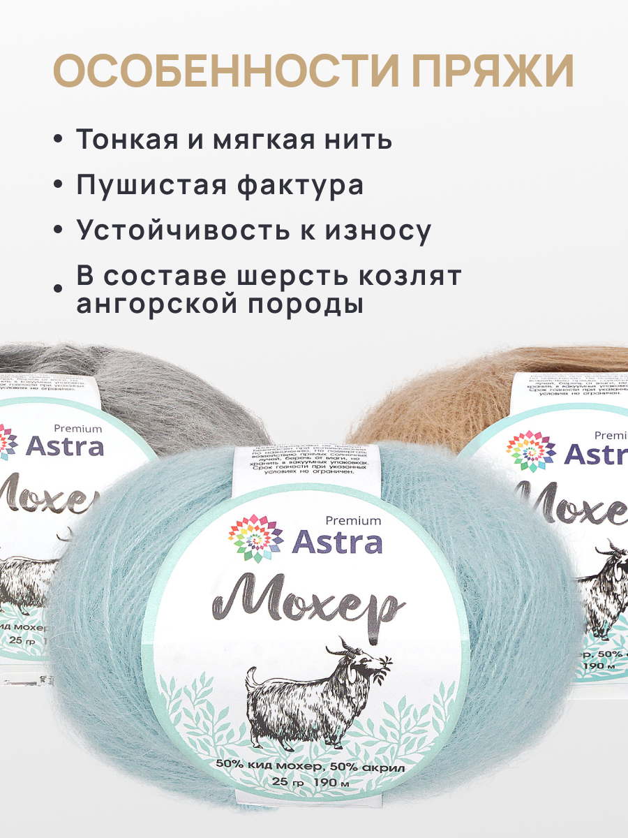 Пряжа Astra Premium Мохер Mohair полушерстяная с ворсом 25 г 190 м 36 голубая бирюза 4 мотка - фото 3