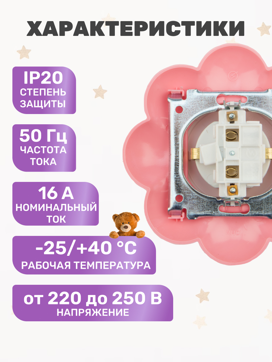 Розетка Kranz Happy «Цветок» с защитными шторками и заземлением бело-розовая - фото 3