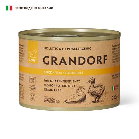 Консервы для собак Grandorf Паштет из утки с грушей и черникой 200г