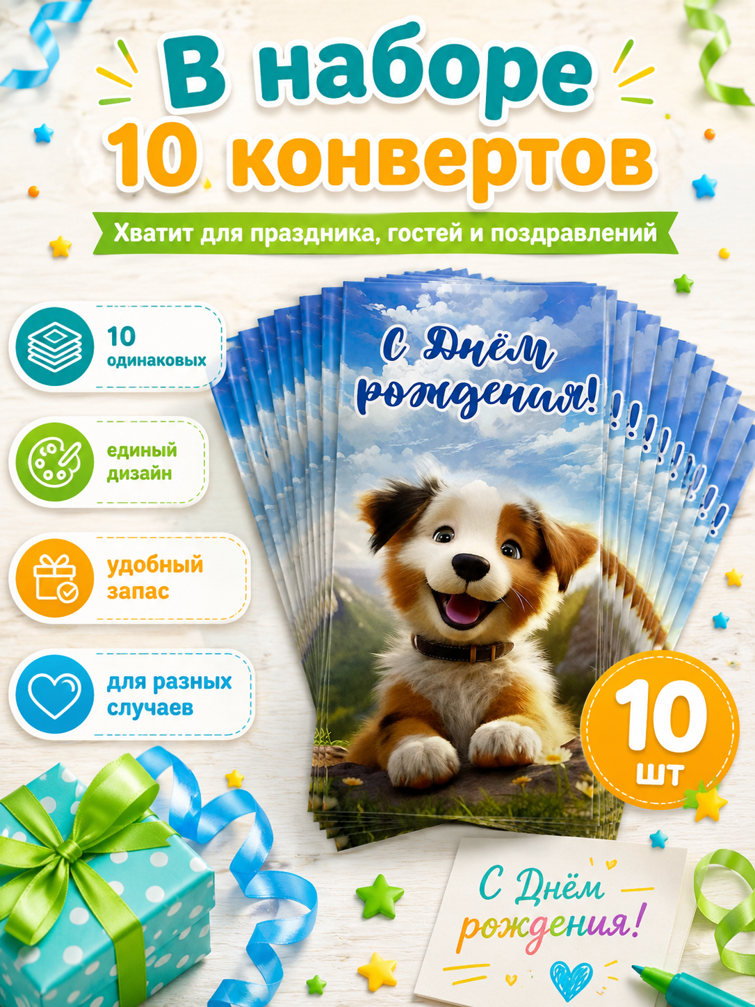 Конверты для денег детские Филькина Грамота С днём рождения со щенком 10 шт - фото 10