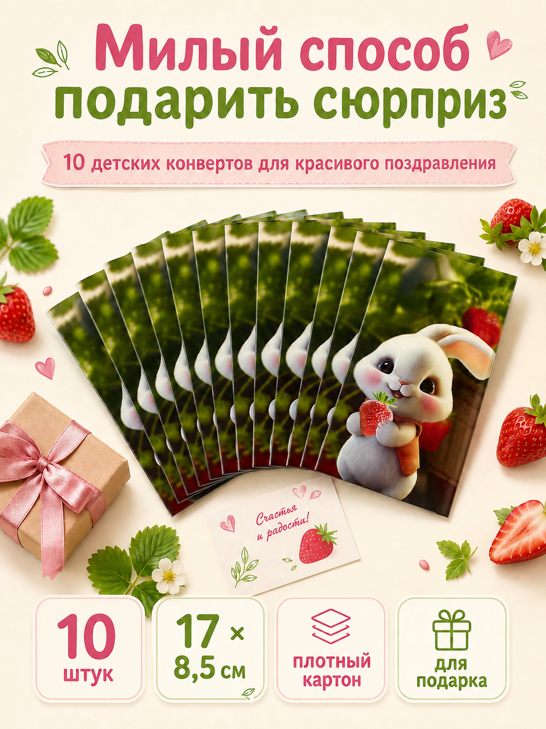 Конверты для денег детские Филькина Грамота с зайчиком и клубникой, 10 шт. - фото 2