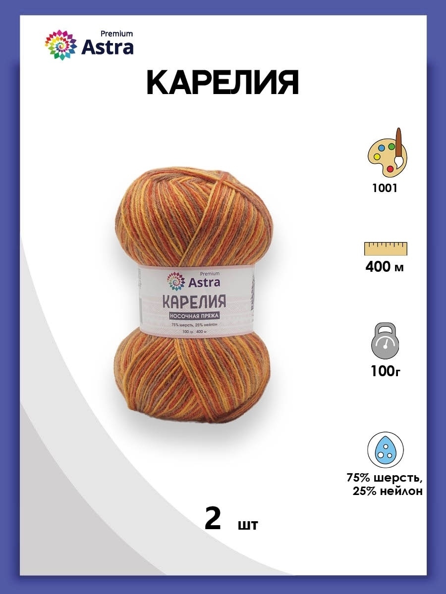 Пряжа для вязания Astra Premium карелия носочная шерсть нейлон 100 гр 400 м цвет 1001 2 мотка - фото 1