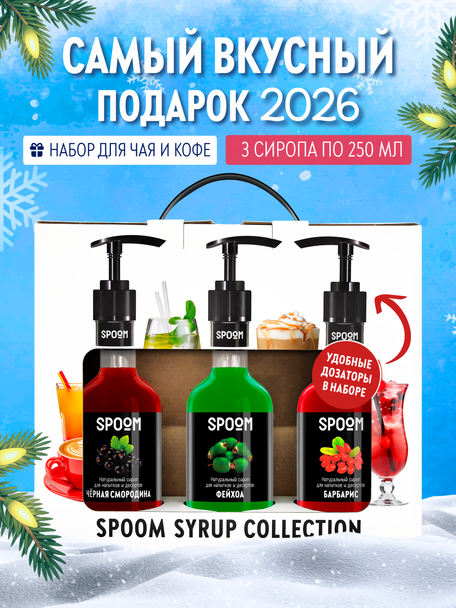 Набор сиропов SPOOM Черная смородина Фейхоа Барбарис для коктейлей чая и кофе 3шт 250мл + 3 дозатора - фото 1