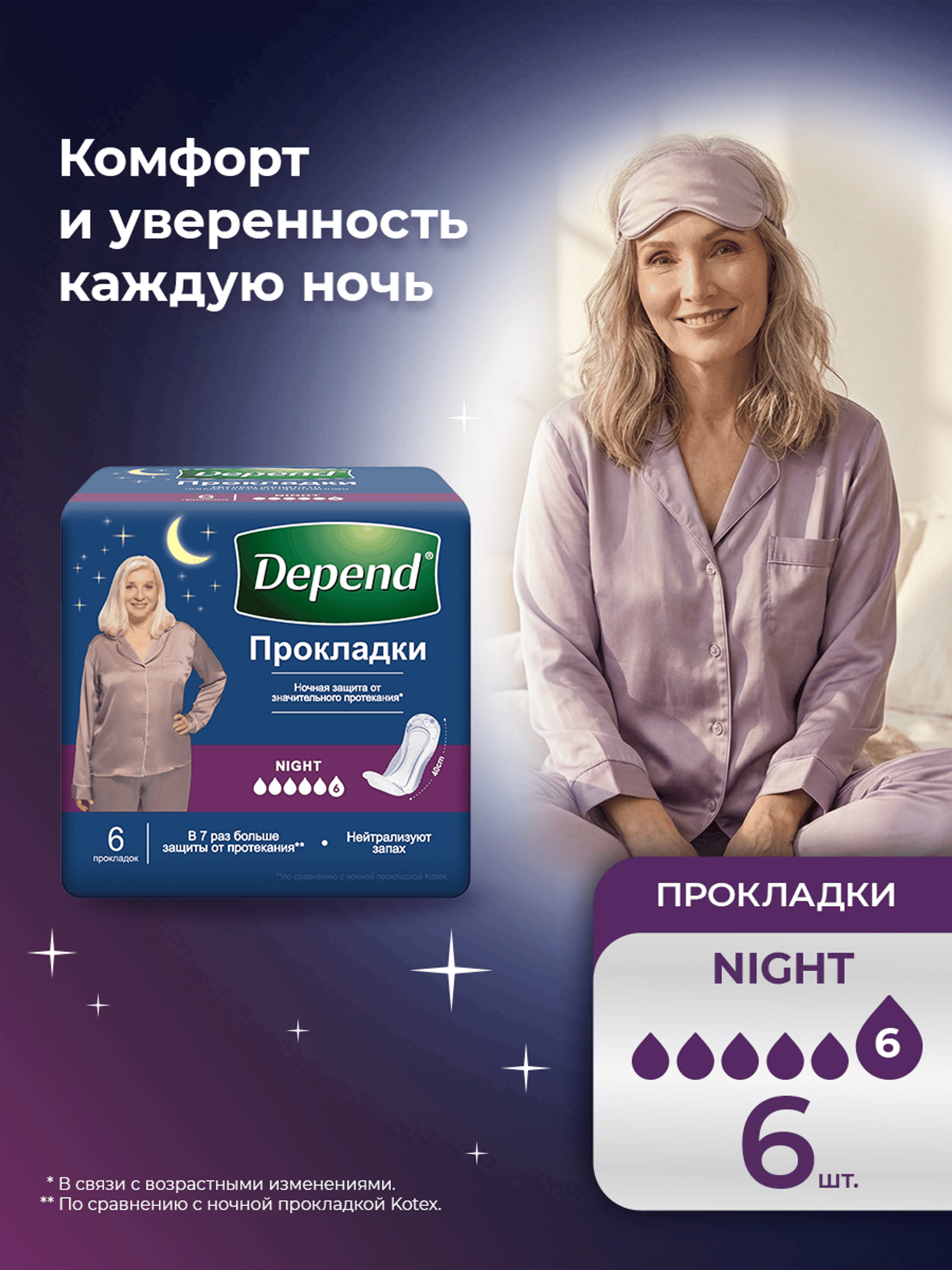 Изображение товара Прокладки урологические Depend ночные сверхтонкие 6 шт ночная защита Изображение товара Прокладки урологические Depend ночные сверхтонкие 6 шт ночная защита