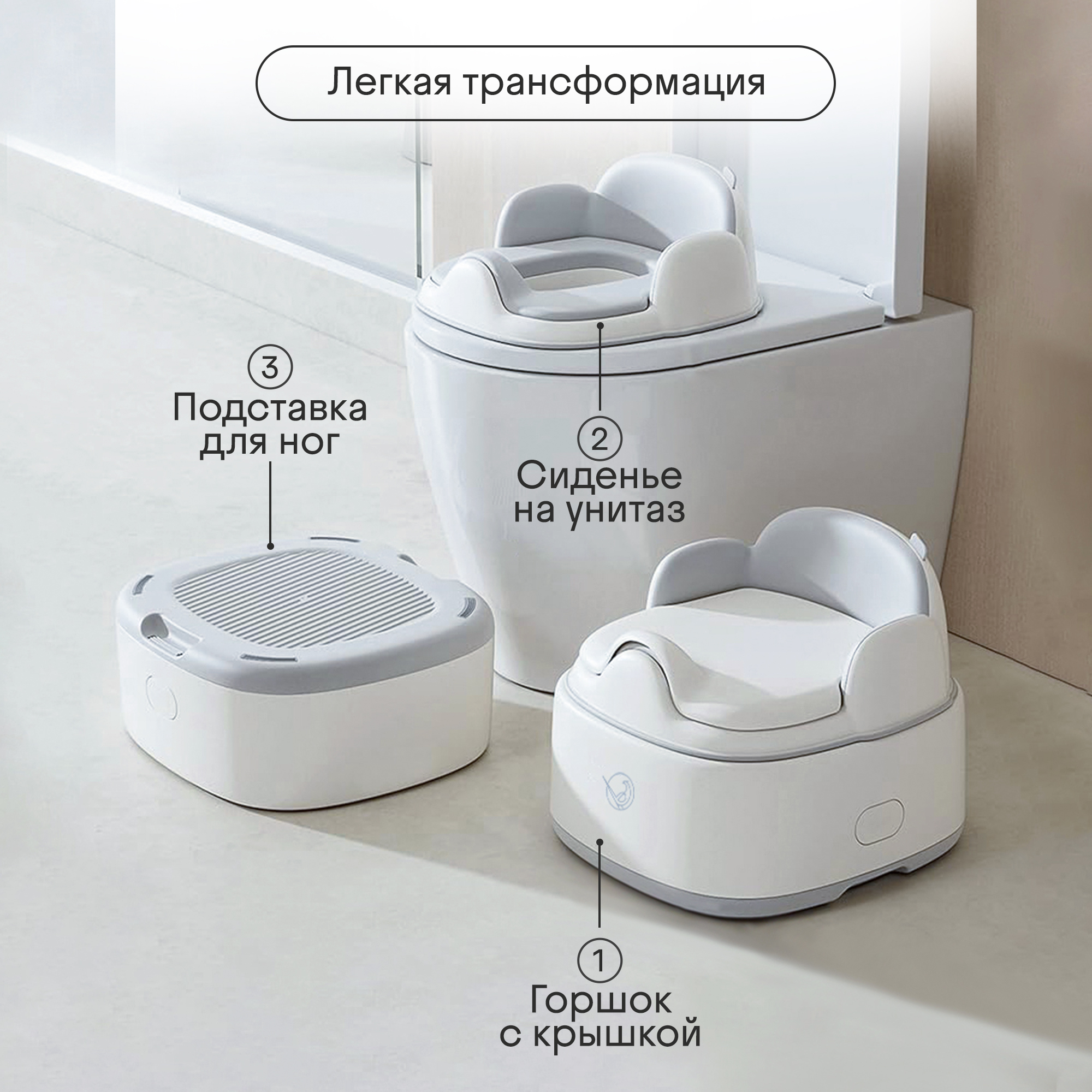 Горшок детский Kidzi Step-by-step, 3 в 1 - горшок-стульчик, бело-серый - фото 2