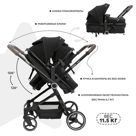 Коляска прогулочная для двойни Babyton Flexi Duo черный