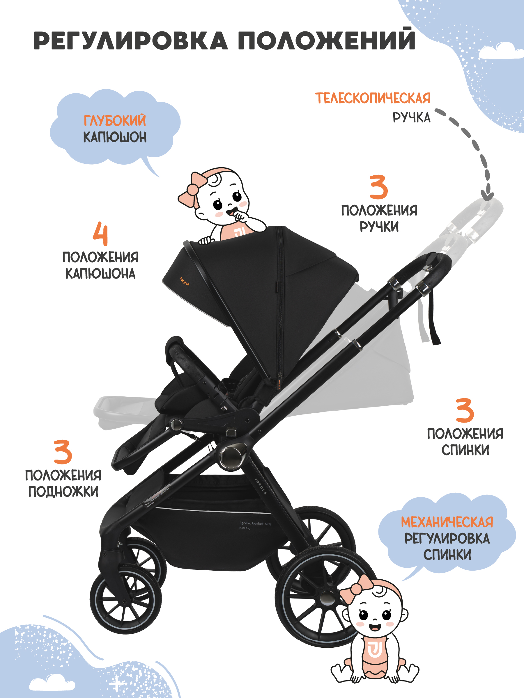 Коляска прогулочная JOVOLA Pepper черный - фото 5