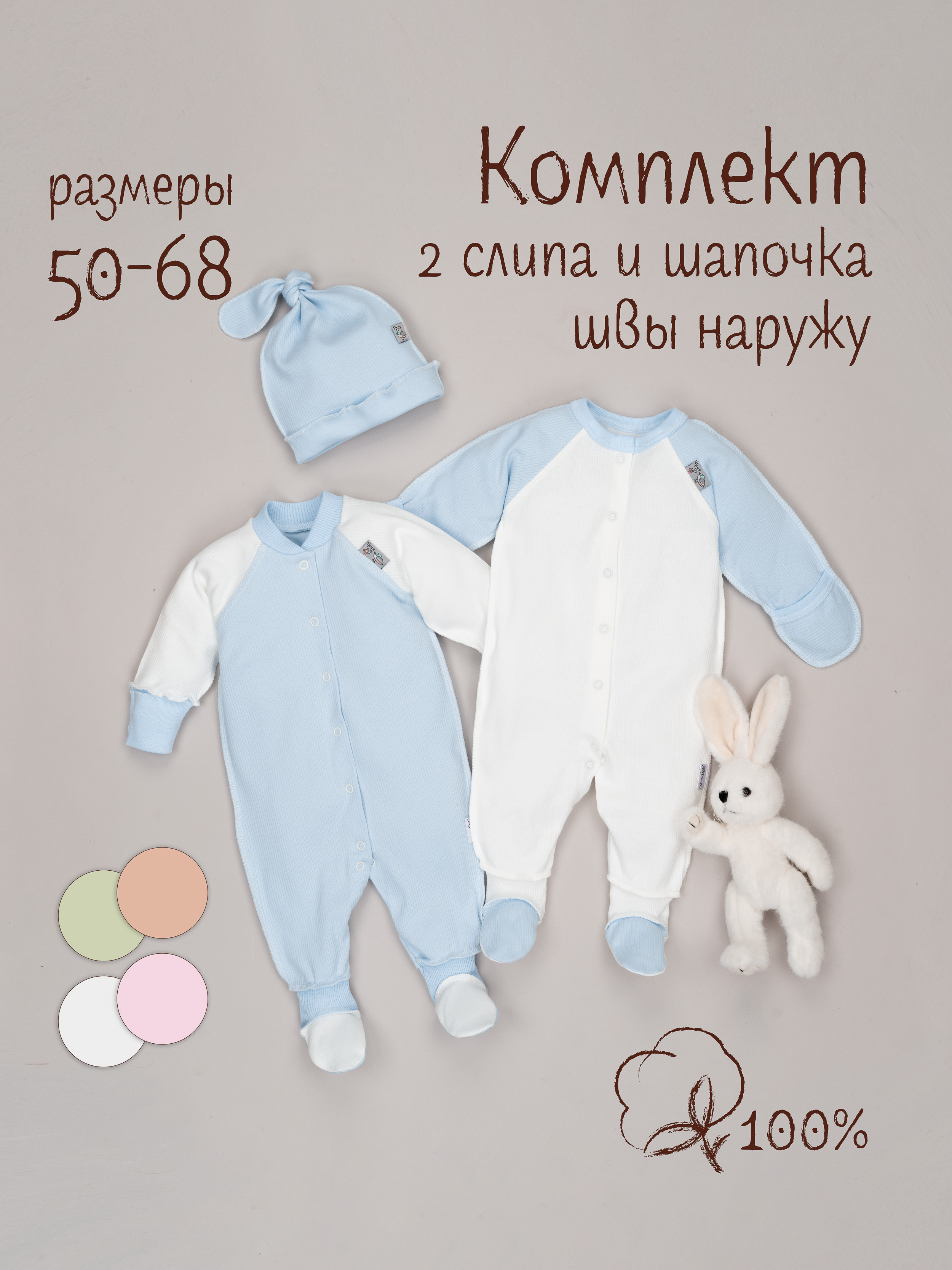 Комбинезон 2 шт и шапочка ТРИЯ 1005_1007_051 интерлок рубчик голубой_экрю - фото 2
