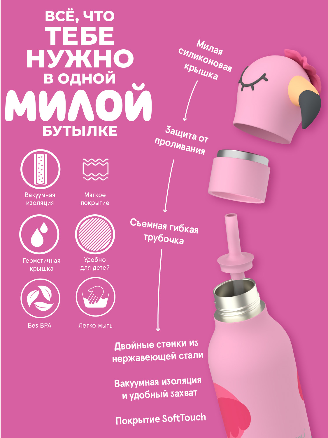 Термос для воды с трубочкой ASOBU Bestie Фламинго 460 мл - фото 3
