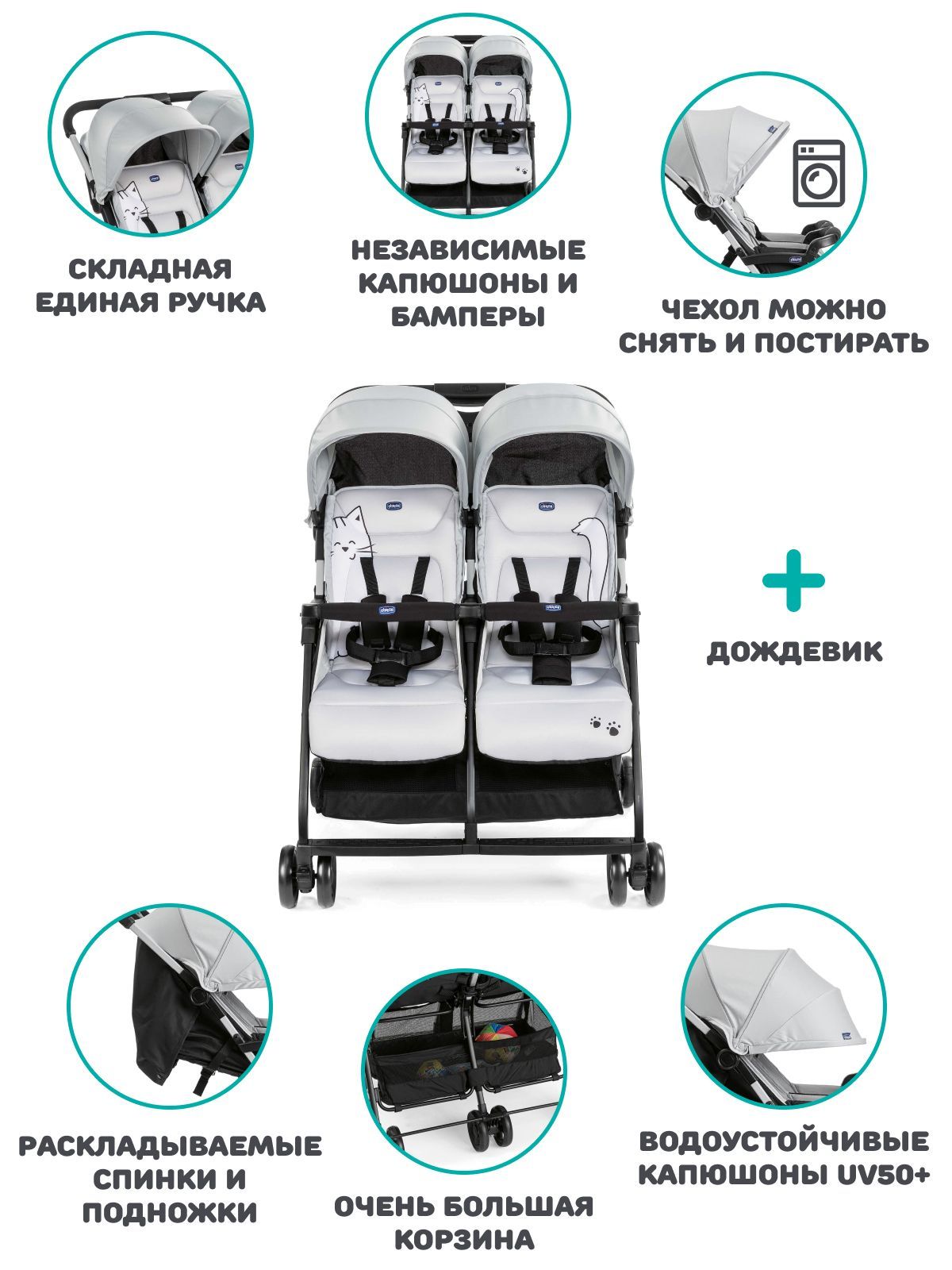 Коляска прогулочная для двойни Chicco Ohlala Twin Silver Cat - фото 2